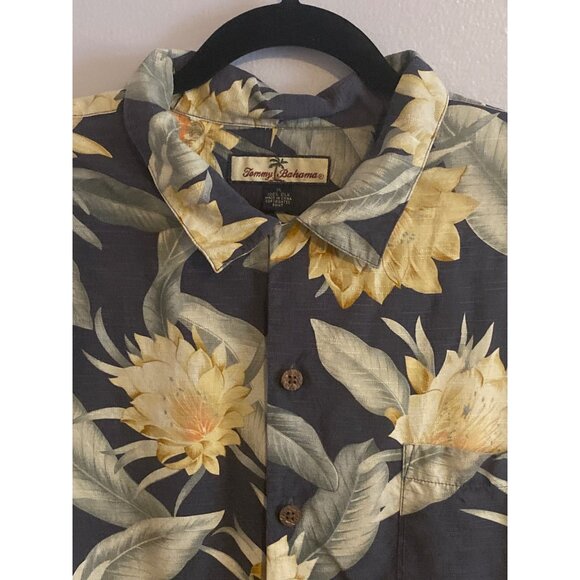 VTG Tommy Bahama Shirt SS Hawaiian Floral Yellow Green Black 100% Silk Men XL - Picture 2 of 13